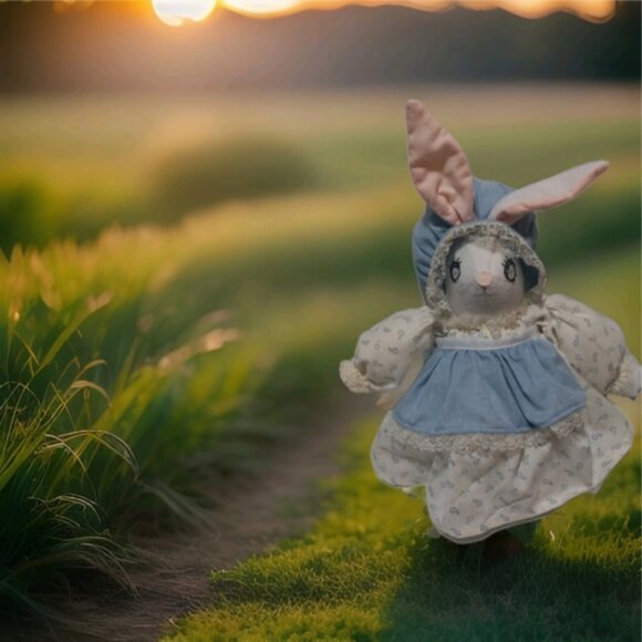 Handmade Cloth Bunny Rabbit Doll Blue Bonnet Dress Vintage Style Soft Plush USA - Picture 1 of 4
